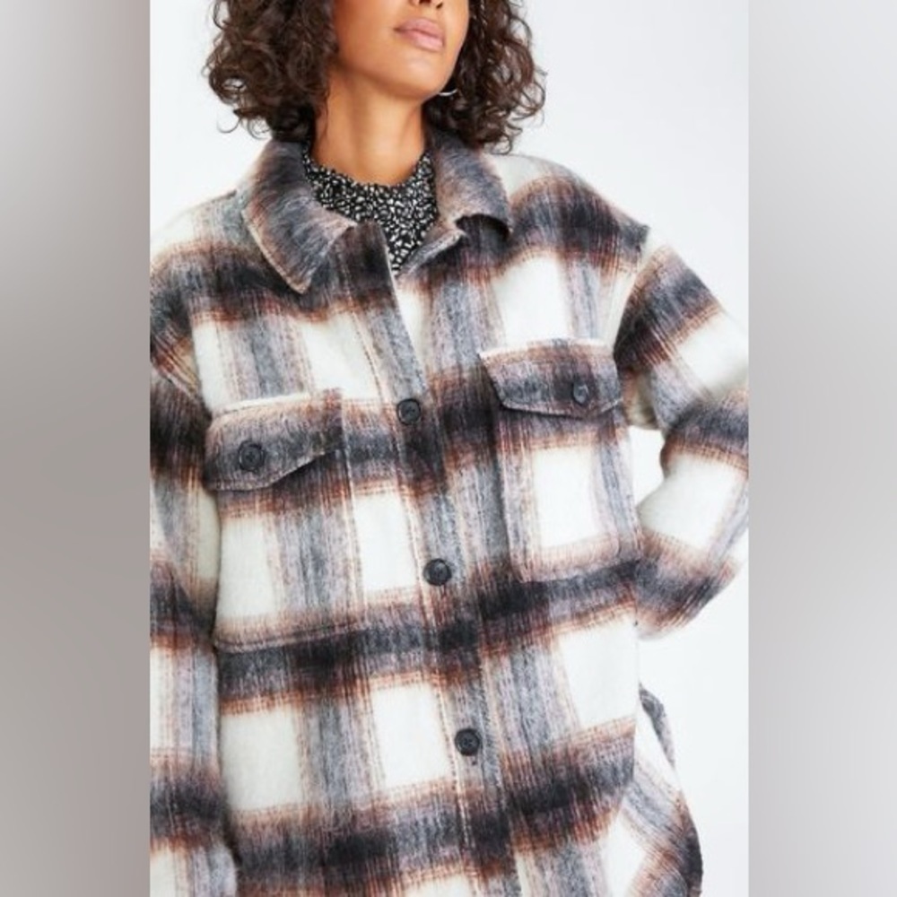 NEW Sanctuary Jacket Medium Town Flannel Shacket Plaid Pink Brown Oversized - Picture 6 of 16